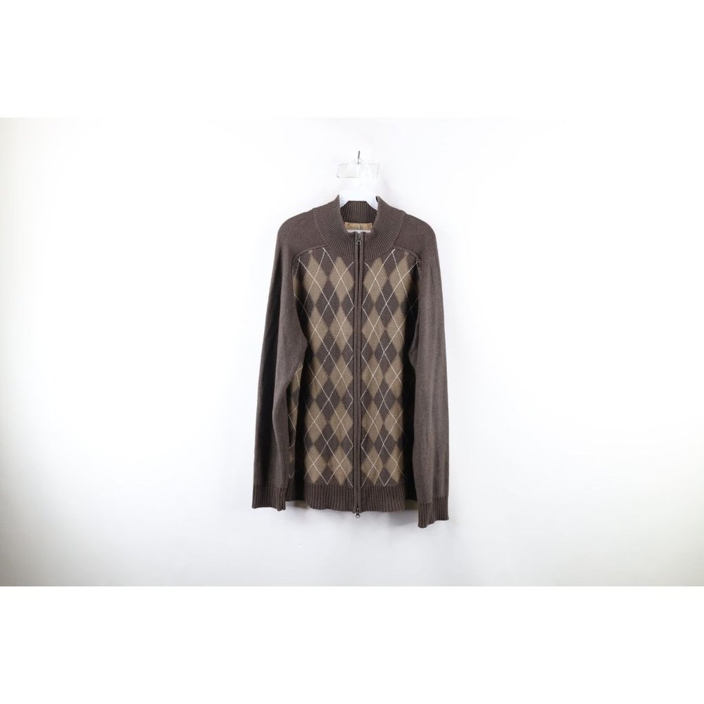 Vintage Buckle BKE Mens XL Knit Argyle Diamond Full Zip Cardigan Sweater Brown